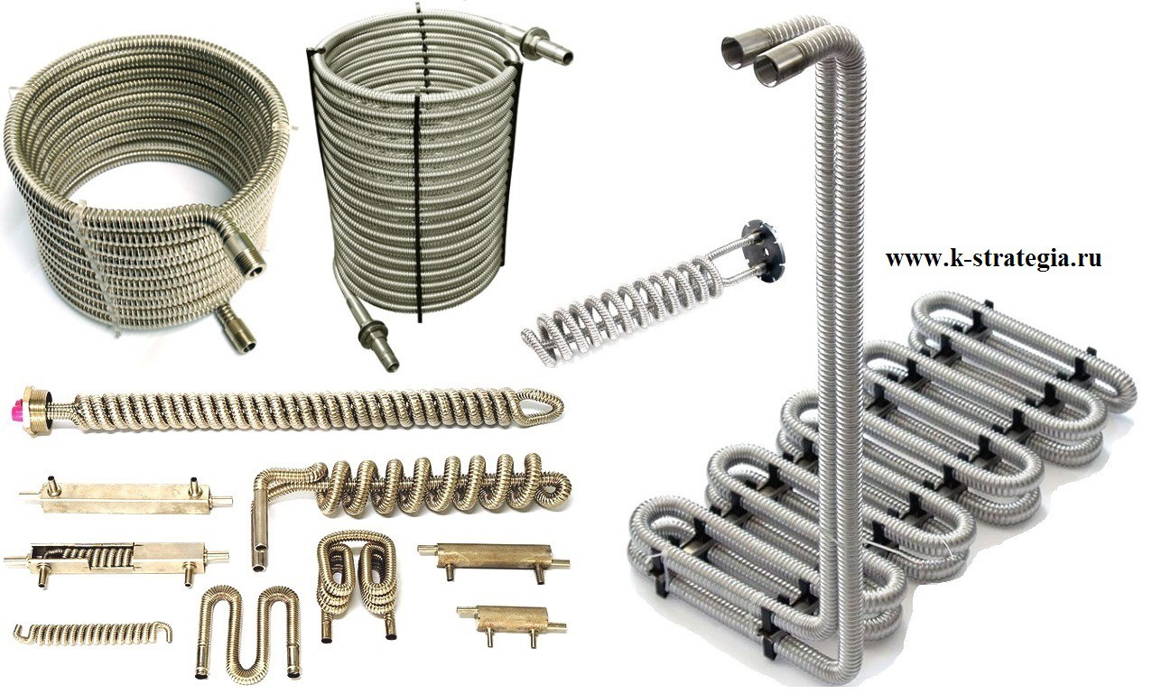 Трубчатый змеевик. Теплообменник-змеевик 115мм. Теплообменник «змеевик в змеевике». Труба гофрированная Кофулсо. Нержавеющий сильфон Кофулсо.